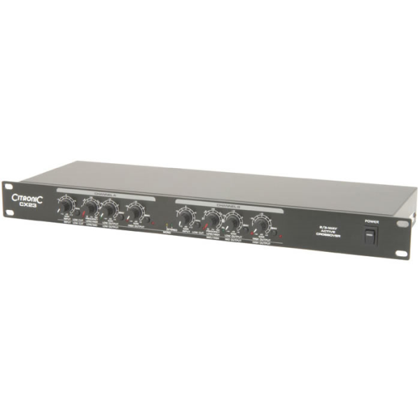 The CX23 is a 2-way stereo or 3-way mono active crossover designed to split frequencies so that low frequencies are delivered to the amp driving the sub cabinets and mid/top frequencies are delivered to the amp driving the mid/top frequency cabs. This type of system is more efficient and delivers more accurate sound quality, especially in larger PA systems.