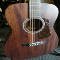 Concert-size acoustic guitar with solid mahogany top, mahogany back &amp; sides, and slim neck profile.