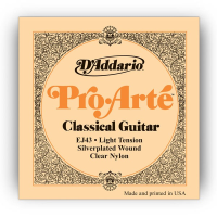 EJ43 is the lightest tension available of D'Addario's best selling Pro-Arte series. Great for beginners or experienced players with a lighter touch, they provide ease of play without sacrificing rich tone. &nbsp;EJ43's contain silver wound on nylon bass strings with clear nylon trebles.