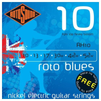 Nickel set of electric guitar strings with regular gauge top three strings and a heavier bottom three strings.