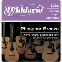 Referred to as Custom Light, EJ26 strings are a D'Addario original hybrid gauge and a comfortable compromise for players who want the depth and projection of light gauge bottom strings, but slightly less tension on the high strings for easy bending.<br />