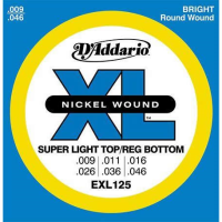 EXL125 is D'Addario's best selling hybrid set, combining the high strings from an EXL120 (.009) with the low strings from an EXL110 (.046). The result is a set with strong fundamental low end, but with super flexibility on the high strings.
