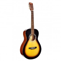 Awesome parlour guitar with solid top, slotted headstock, and glossy sunburst finish.