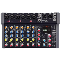 <p><span style="font-size:x-large;">BLACK FRIDAY DISCOUNT: 20% OFF! WAS &pound;149.</span></p><p>Compact format audio mixer with 6 mono input channels, a stereo line input and a further minijack stereo input. </p><p>Each mono mic/line channel has a combo XLR/jack input with +48V phantom power switchable in pairs for the XLR inputs. </p><p>Each mic/line channel has a Gain control for matching the input source and a low-cut switch to filter out rumble or handling noise from microphones. </p><p>Each mono channel also has High/Low EQ controls and an FX level control. </p><p>Pairs of mono channels can be linked to act as a stereo left + right pair as required. The onboard foot-switchable DSP effects engine has 99 presets for delay, reverb and modulation effects, each of which can be adjusted using two parameter controls. </p><p>An onboard Bluetooth receiver has an illuminated pairing button and independent volume control. The USB type-A port on the top panel is for playback of audio files or can be used to record the main outputs to a USB storage device or as an external audio device when connected to a laptop.</p><p>Output is delivered to a pair of balanced XLR connectors to provide low noise operation for high quality studio or live performances.<br /><br />&nbsp; &nbsp;</p>